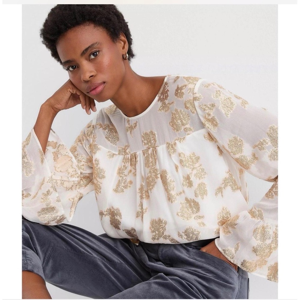 LOFT White Gold Metallic Floral Jacquard Bell Sleeve Blouse Top XL NWT